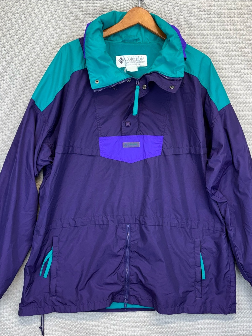 Vtg 90’s Columbia Colorblock Anorak 1/4 Zip Windbreaker XL Purple Teal Hooded